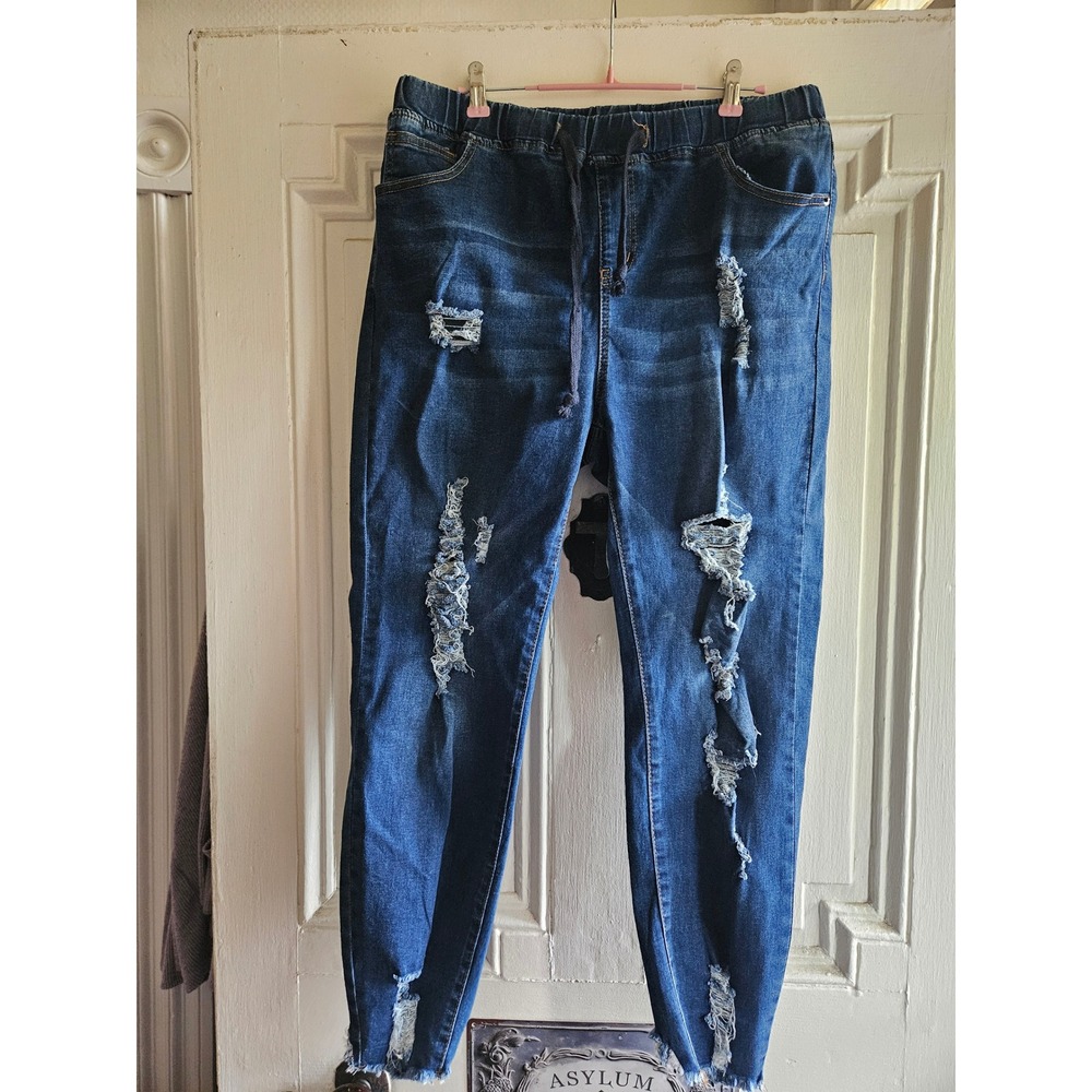 Moon Ryder Distressed Denim Joggers Medium Wash Ripped Pull On Jeans Womens 1X